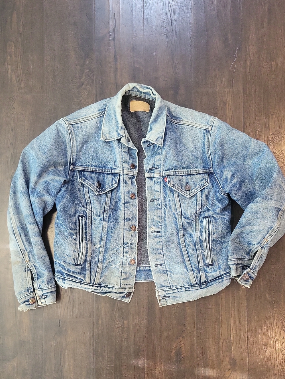Vintage Levi’s Blanket Lined Denim Trucker Jacket Small e Red Tab Distressed 54